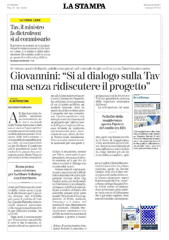 Giovannini: "Si' al dialogo sulla TAV ma senza ridiscutere il progetto"