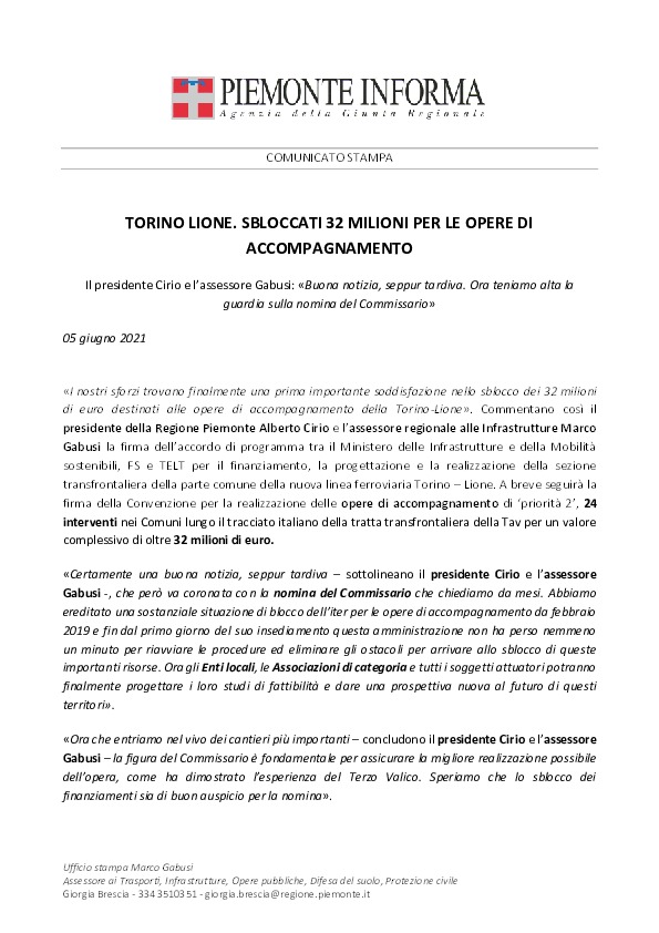 Torino- Lione: sbloccati 32 milioni per le opere di accompagnamento