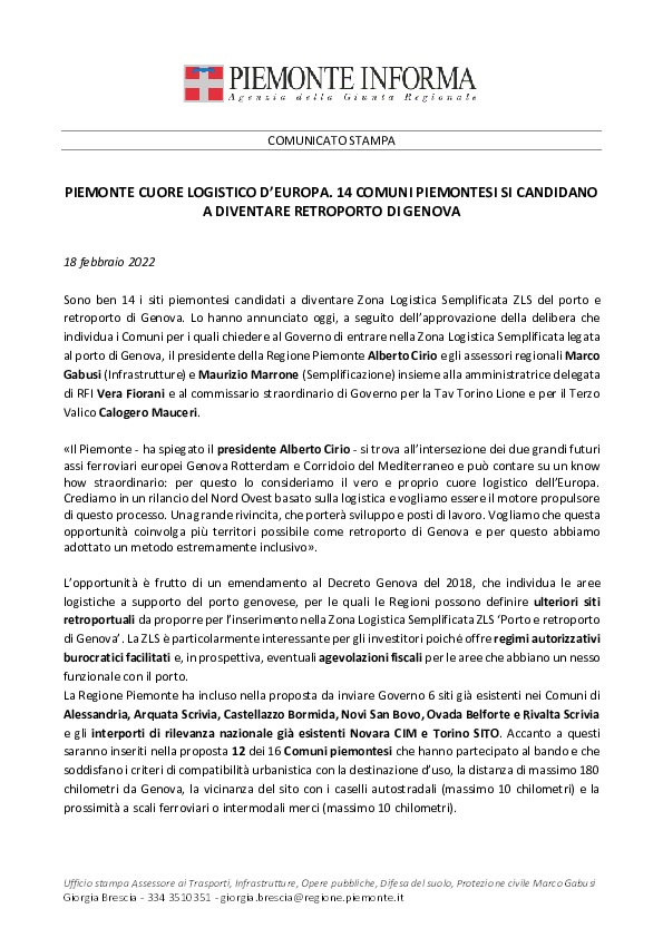 Piemonte cuore logistico d'Europa: 14 Comuni piemontesi si candidano a diventare Retroporto di Genova